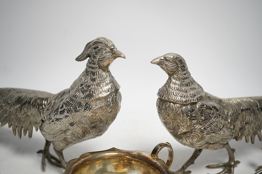 A pair of Pheasants (Gucci) and a small quantity of mixed plated wares, pheasant 29cm long. Condition - good